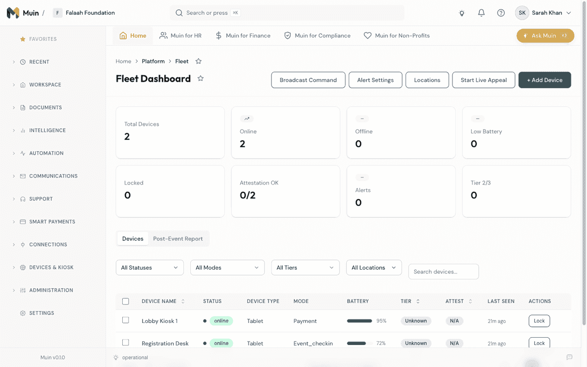 Muin Fleet Dashboard — real-time device monitoring with battery, status, mode, and attestation tracking