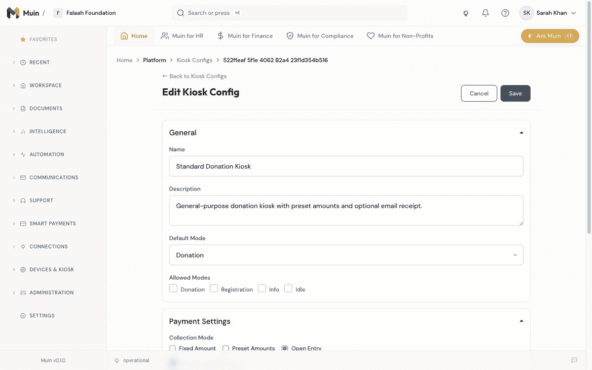 Muin kiosk config editor — set collection mode, preset amounts, and payment settings per device