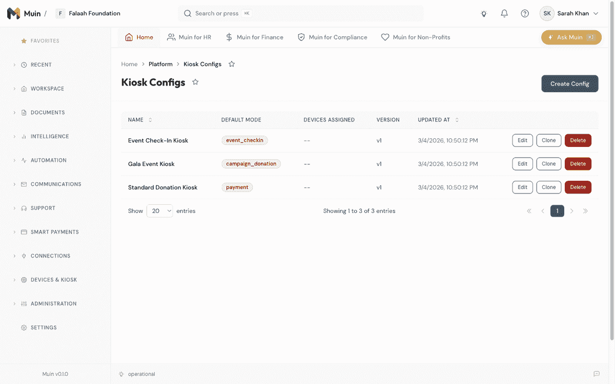 Muin admin dashboard — Kiosk configuration profiles with mode assignments
