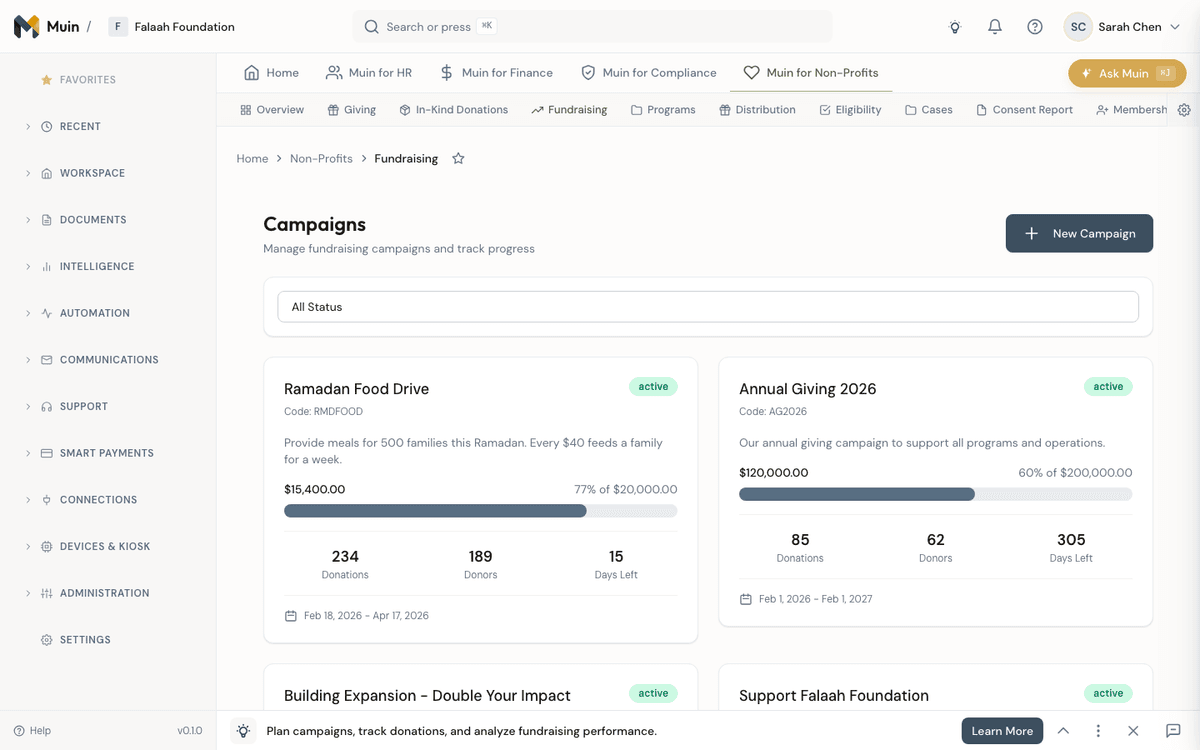Muin campaign management — track fundraising progress with goal thermometers, donor counts, and active/completed status
