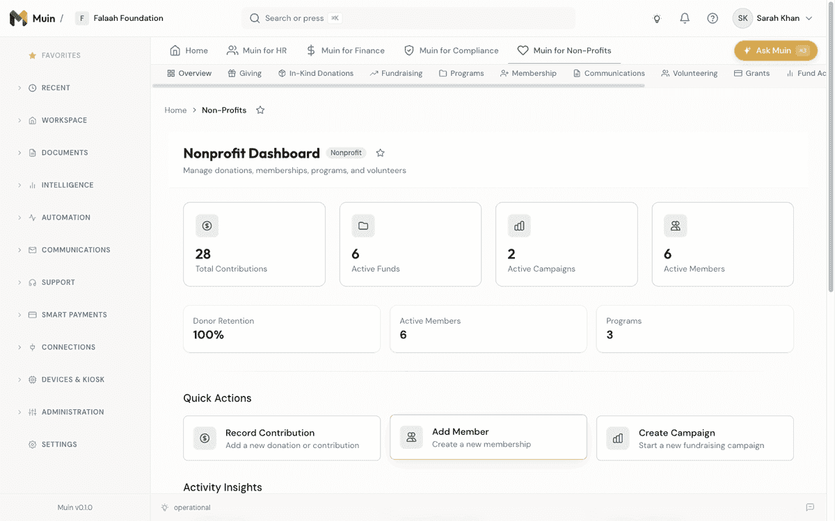 Muin Nonprofit Dashboard — contributions, funds, campaigns, members, and donor retention at a glance