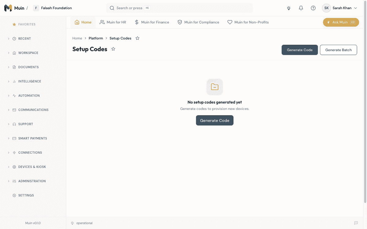 Muin admin dashboard — Setup Codes page for provisioning new devices