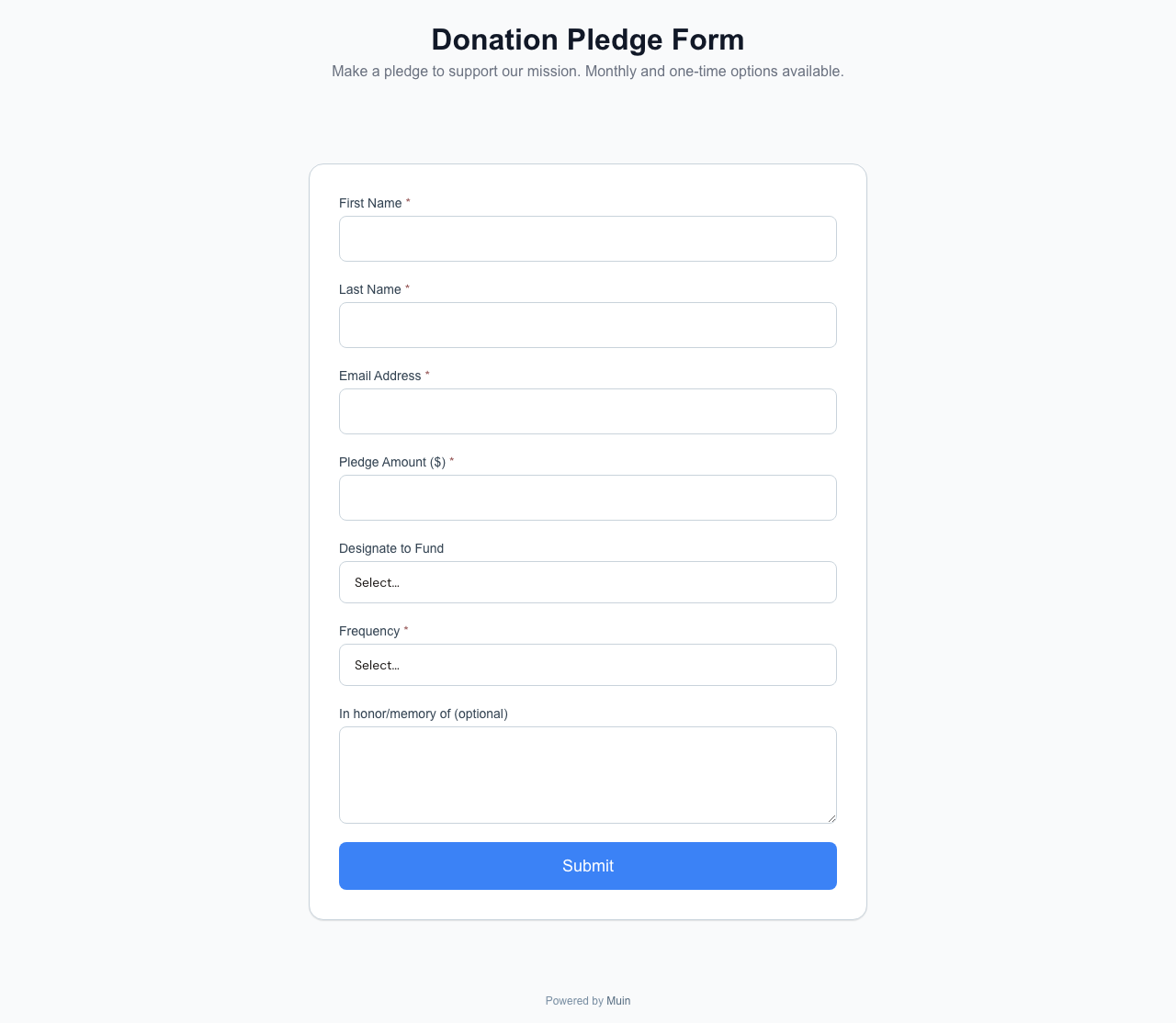 Pledge form — Smart Form variant where the donor commits an offline gift, designates a fund, and gets a memo code for reconciliation