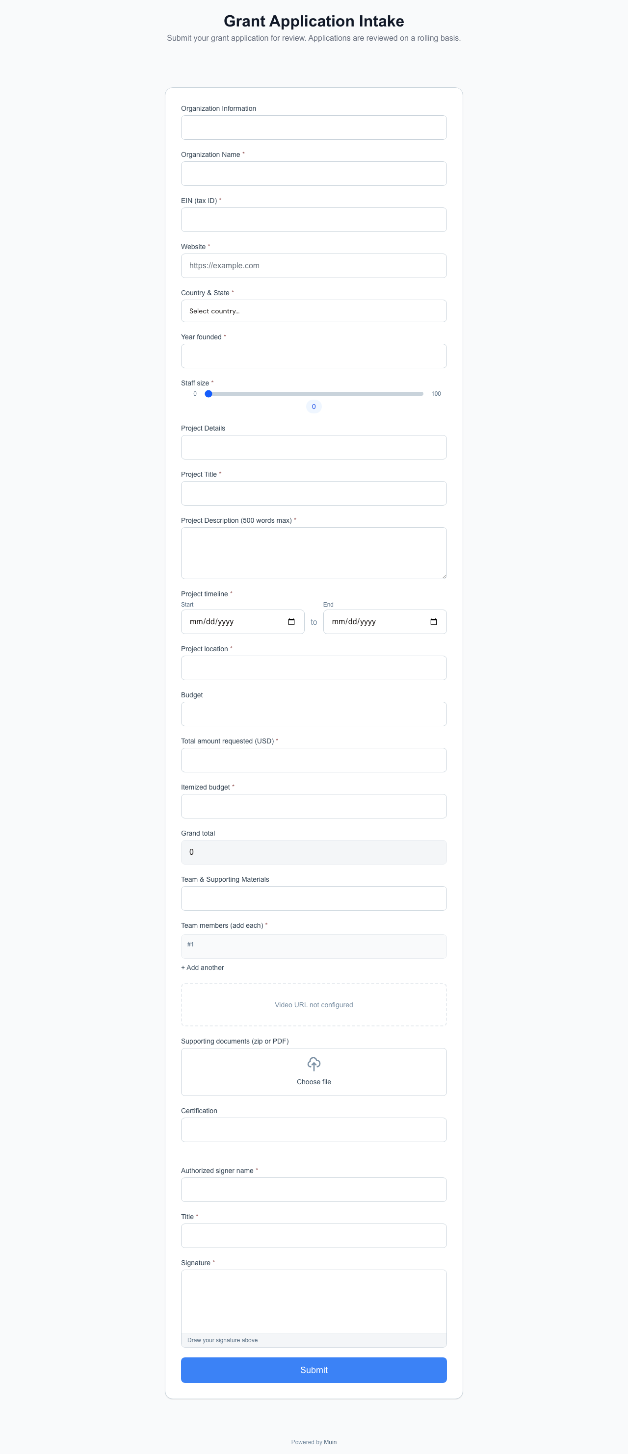 Grant application intake form