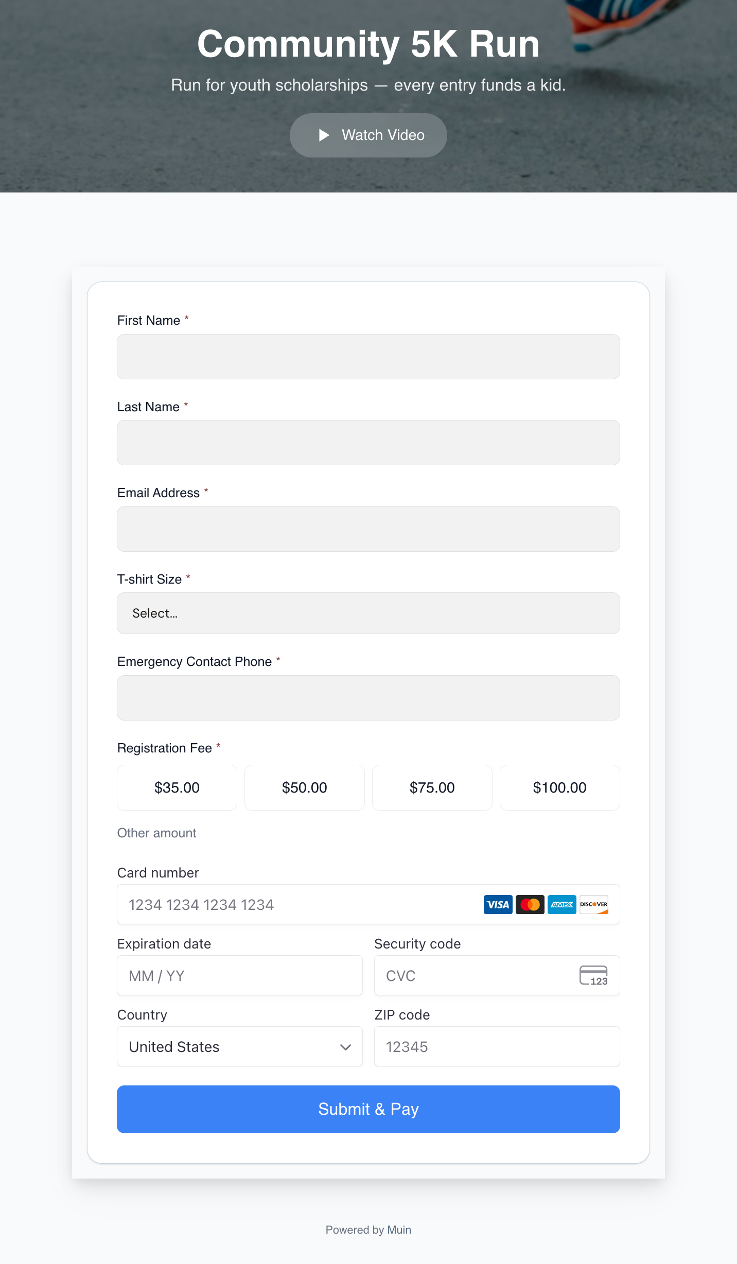Community 5K paid registration with T-shirt size, emergency contact, tiered fees, and Stripe widget