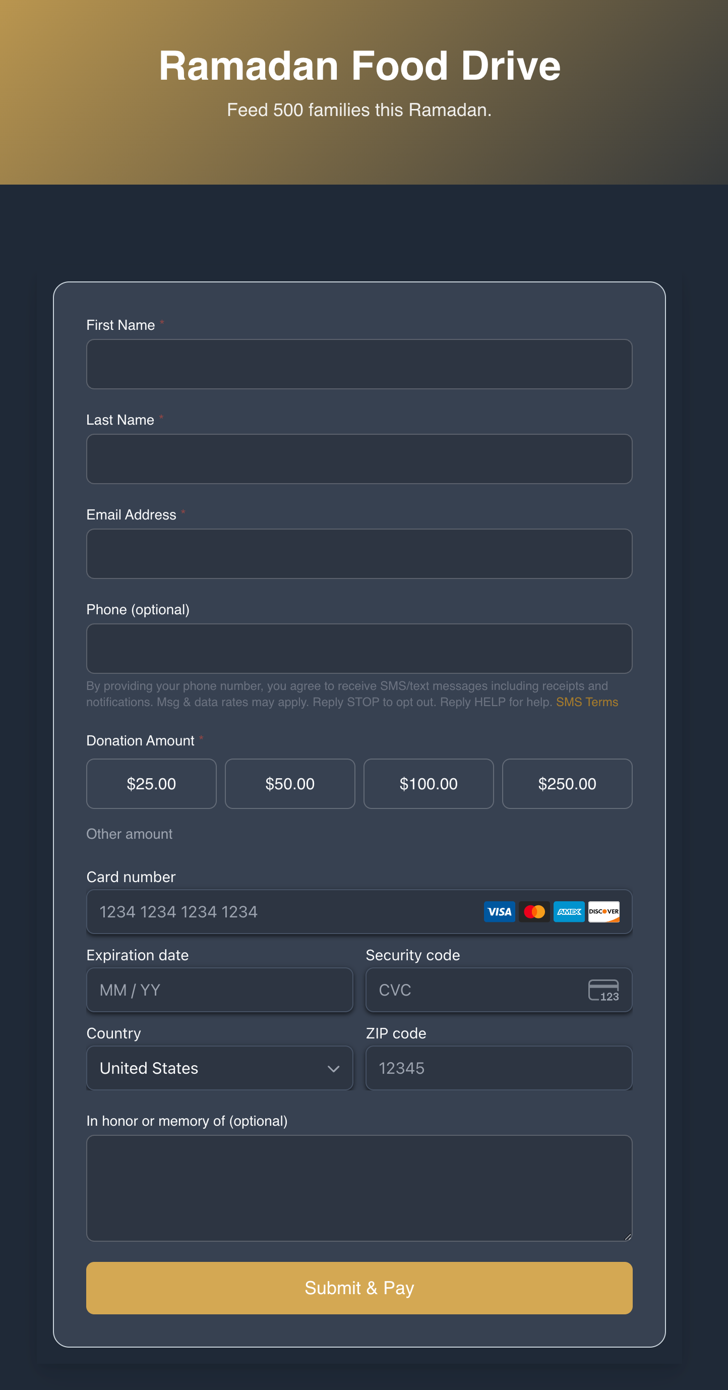 Ramadan Food Drive giving page in dark-mode theme with hero image
