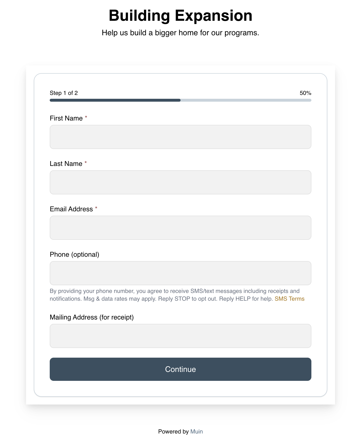 Building Expansion giving page with fundraising progress thermometer
