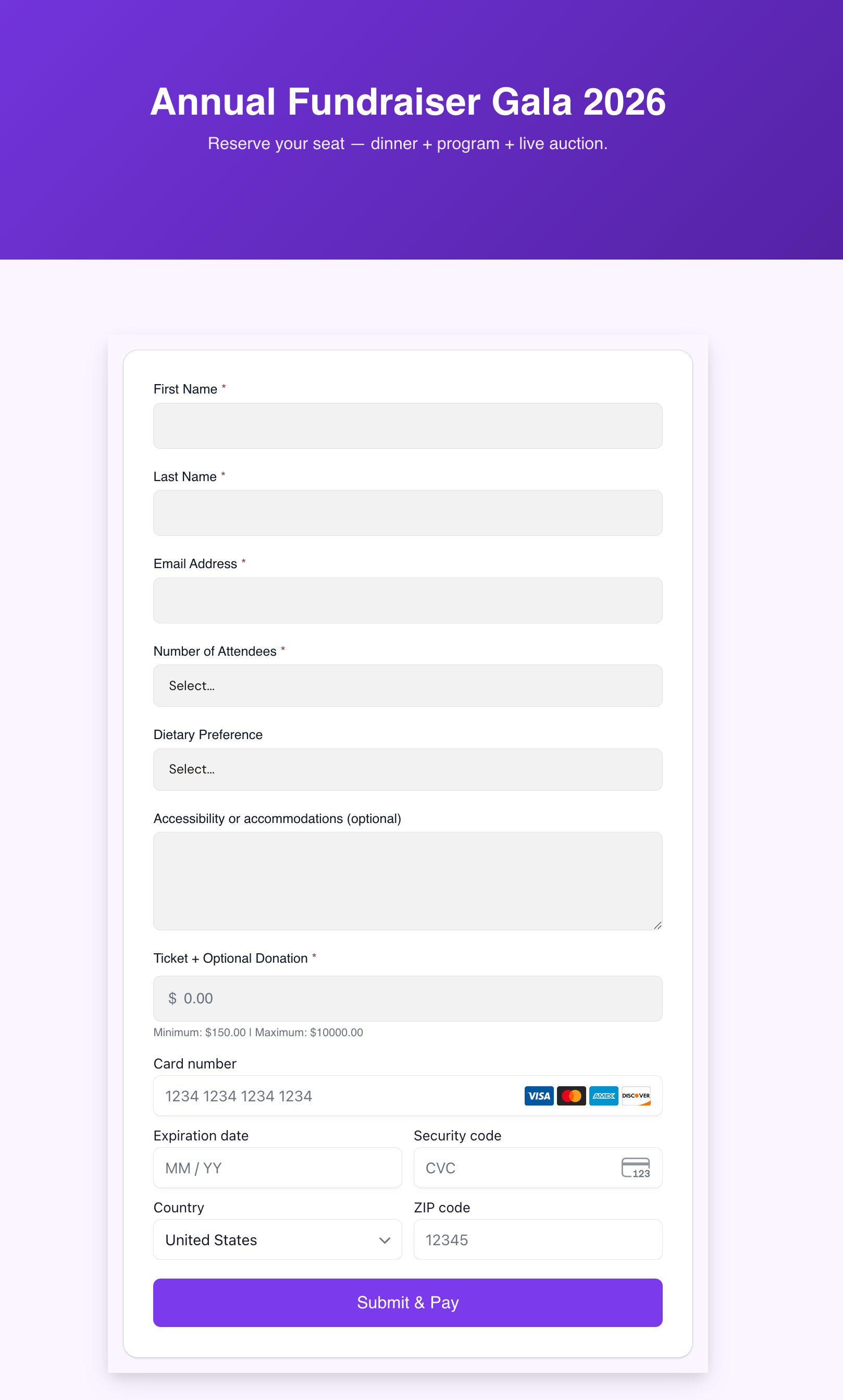 Annual Fundraiser Gala — registration form with Stripe payment widget on the same screen