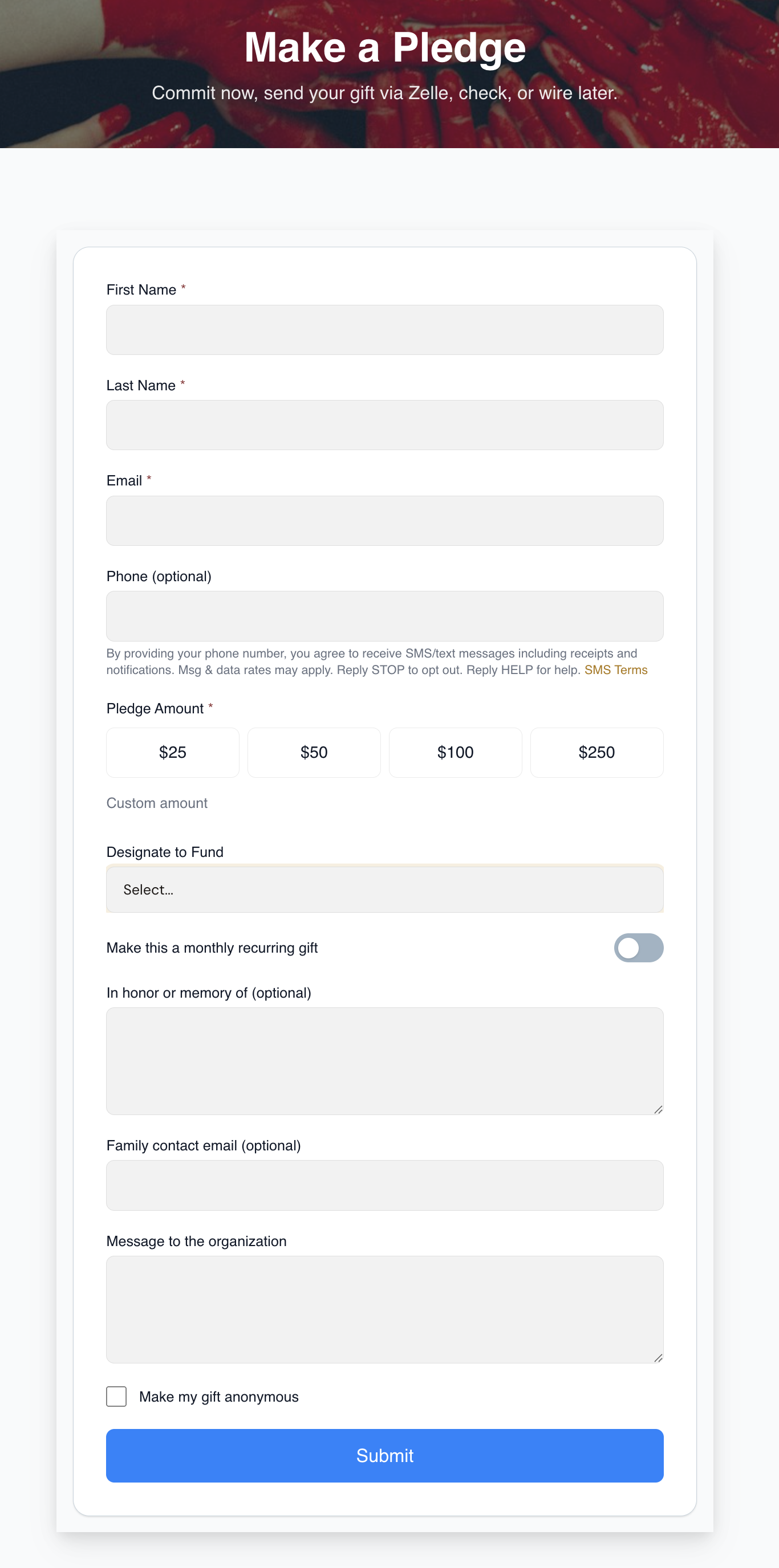Pledge giving page — campaign-themed landing page variant for pledge-first giving via Zelle/check/wire