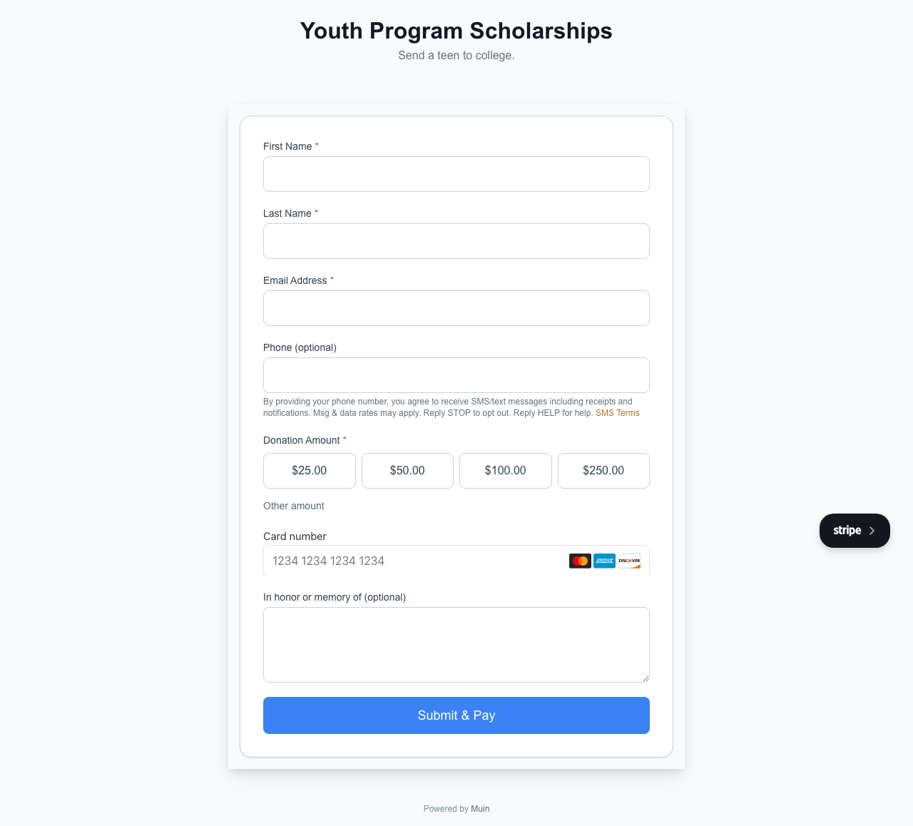 Youth Scholarships giving page with tribute giving toggle
