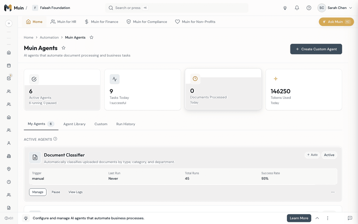 AI agent library — automated compliance checks, grant analysis, and reporting
