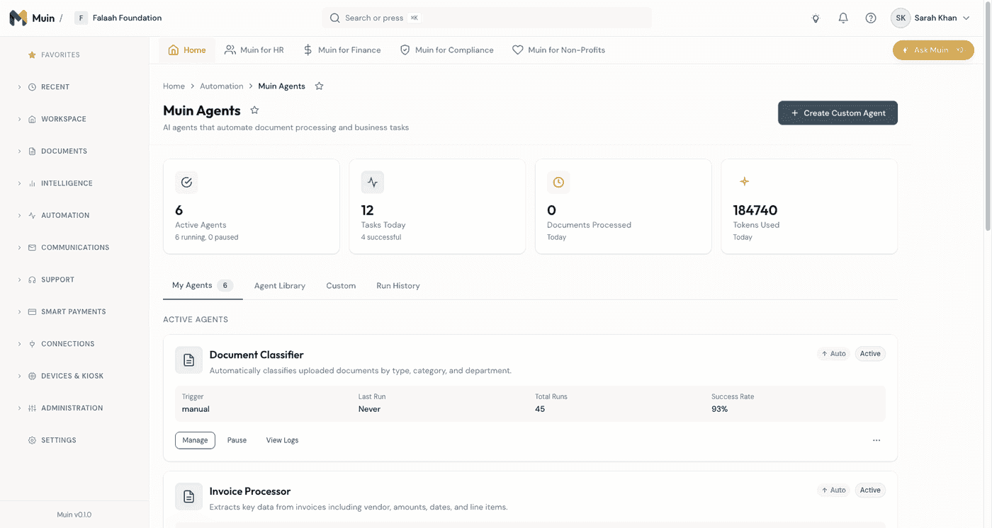 Muin Agents — active agents with Document Classifier, Invoice Processor, Compliance Monitor, and more