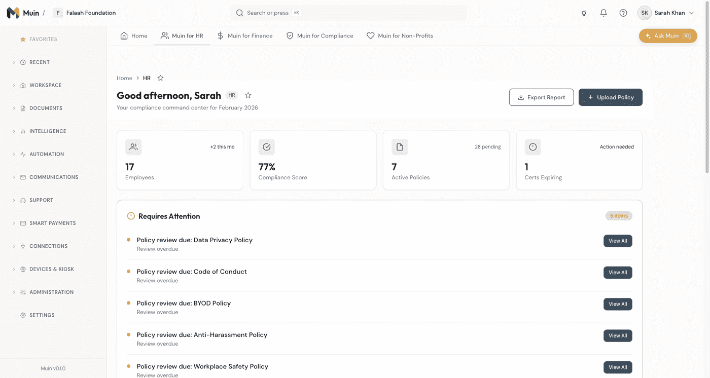 Muin HR Overview — employee count, compliance score, policy alerts, and certification tracking
