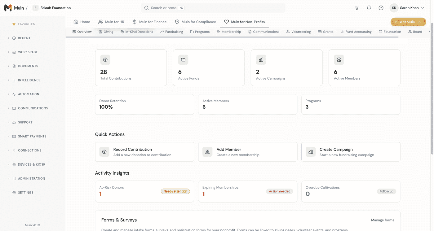 Muin Nonprofit Dashboard — contributions, funds, campaigns, members, donor retention, and activity insights