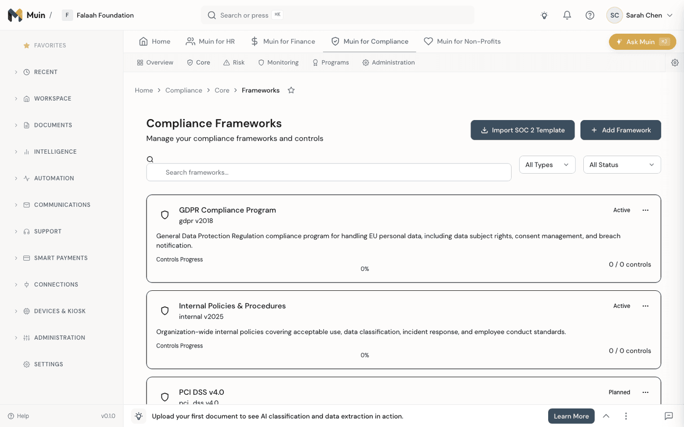 Compliance frameworks — audit readiness, policy tracking, and regulatory reporting