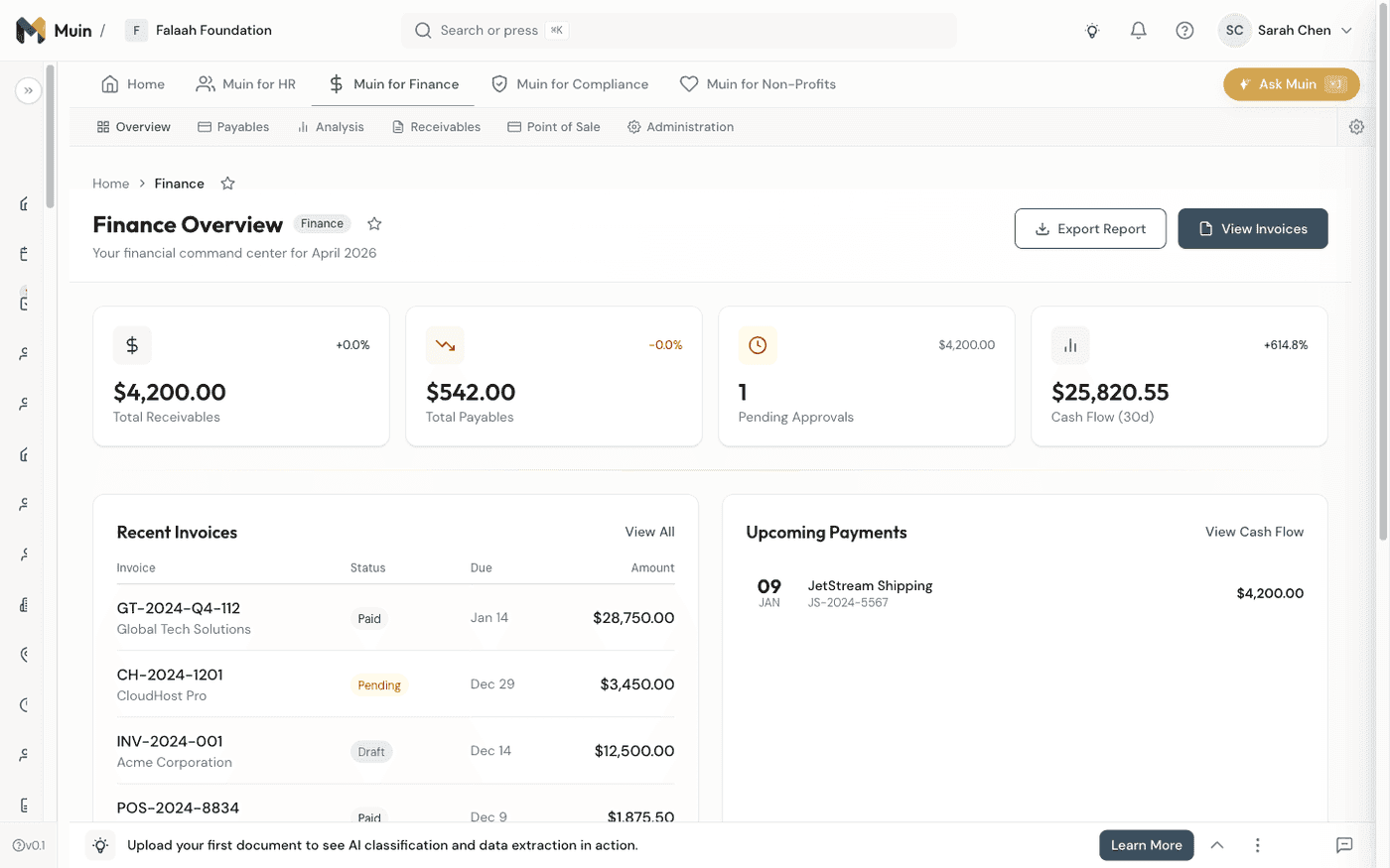 Muin Finance Overview — receivables, payables, cash flow tracking, invoices, and upcoming payments in one dashboard