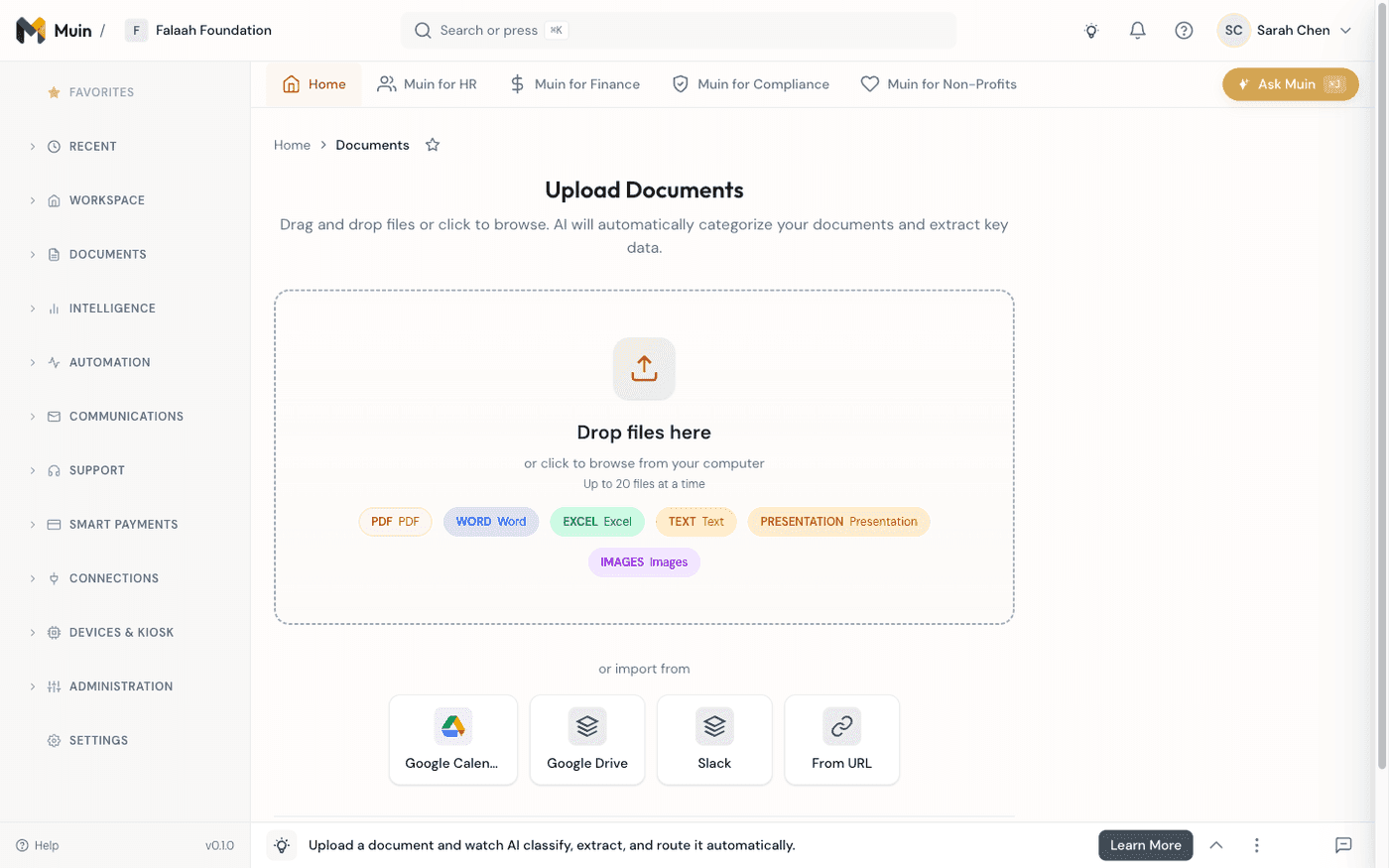 Document upload — drag and drop with AI classification, supporting PDF, Word, Excel, images, and imports from Google, Box, and SharePoint