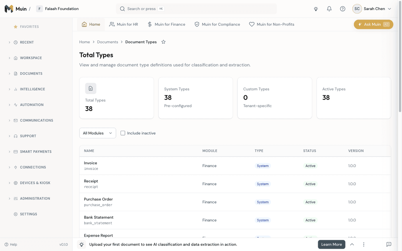 Muin document types — 38 pre-configured types for invoices, receipts, purchase orders, contracts, and more with AI classification rules
