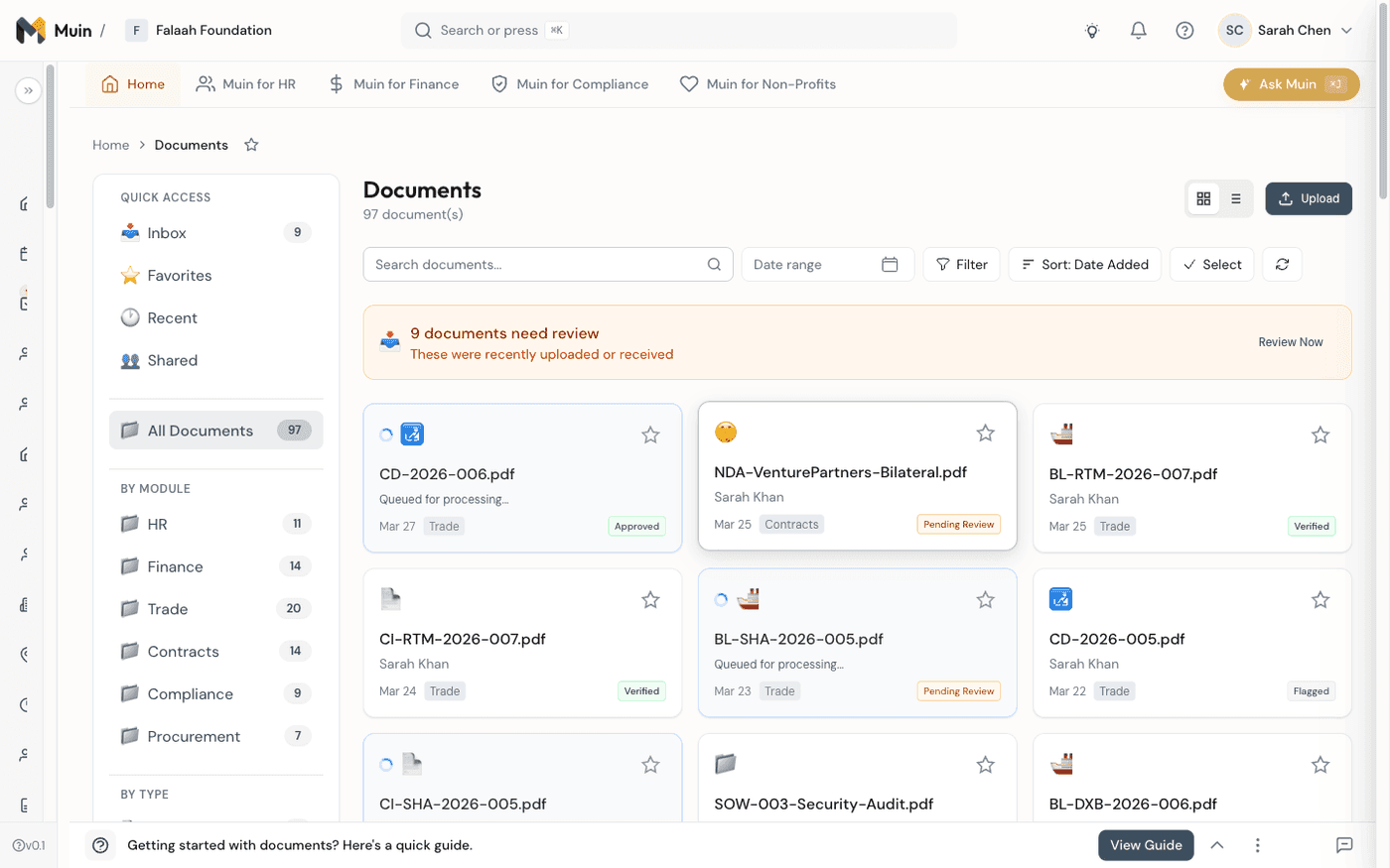 Document explorer — 97 documents organized by module with status badges, search, filters, and quick access sidebar