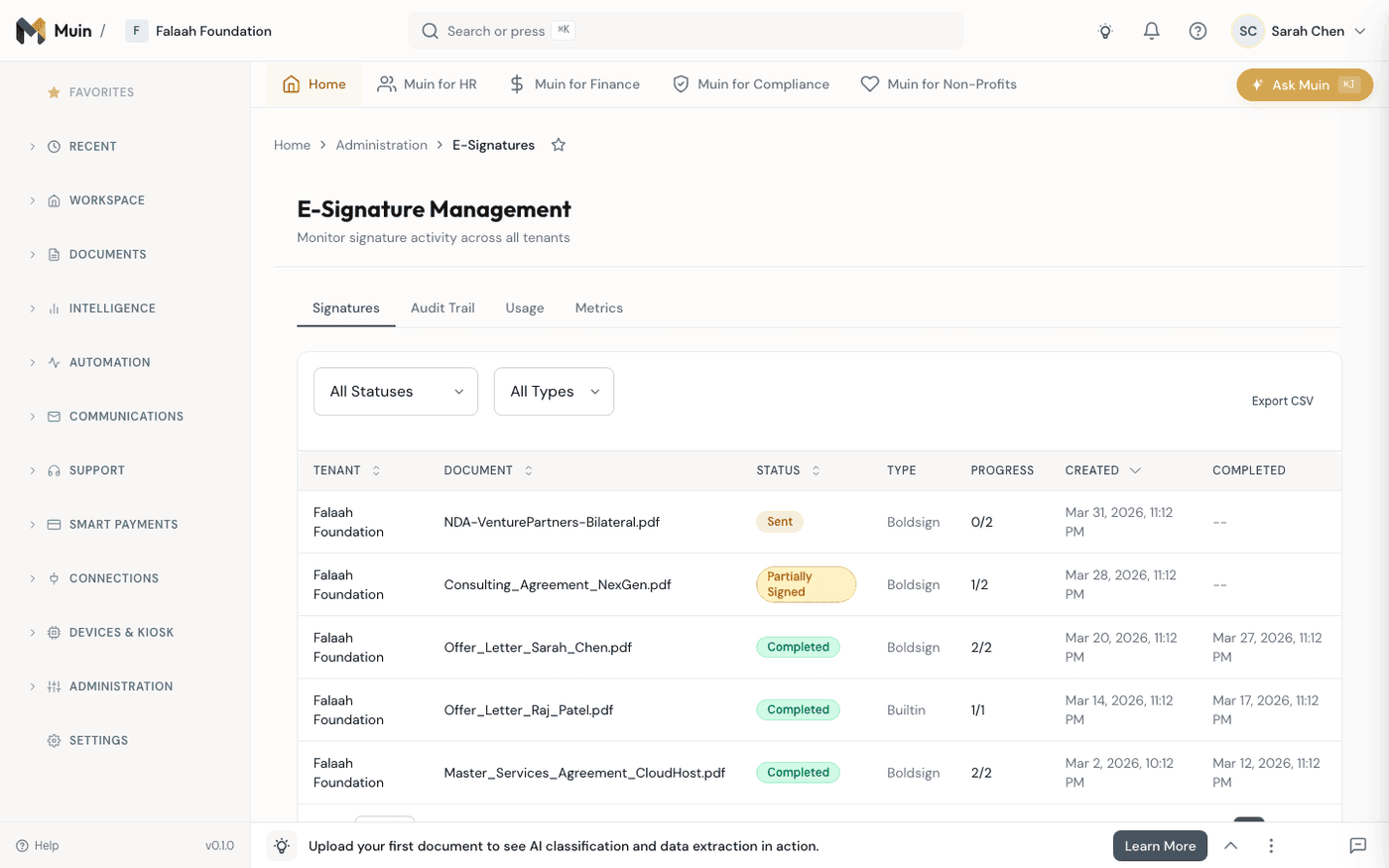 E-Signature Management — signature packages with status tracking, document names, and signer progress across all tenants