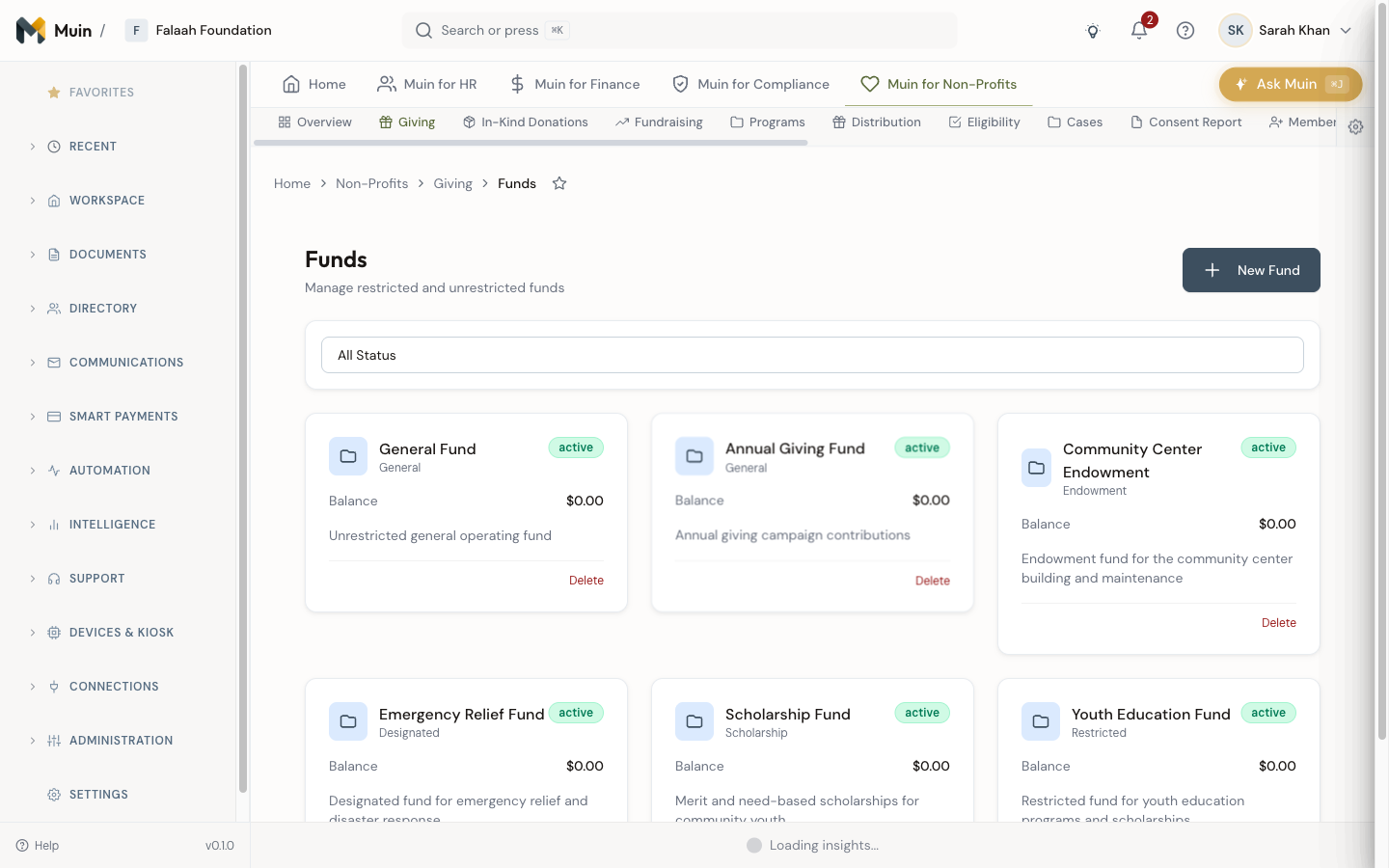 Funds dashboard — restricted and unrestricted funds (General, Annual Giving, Community Center Endowment, Emergency Relief, Scholarship, Youth Education) with balance tracking