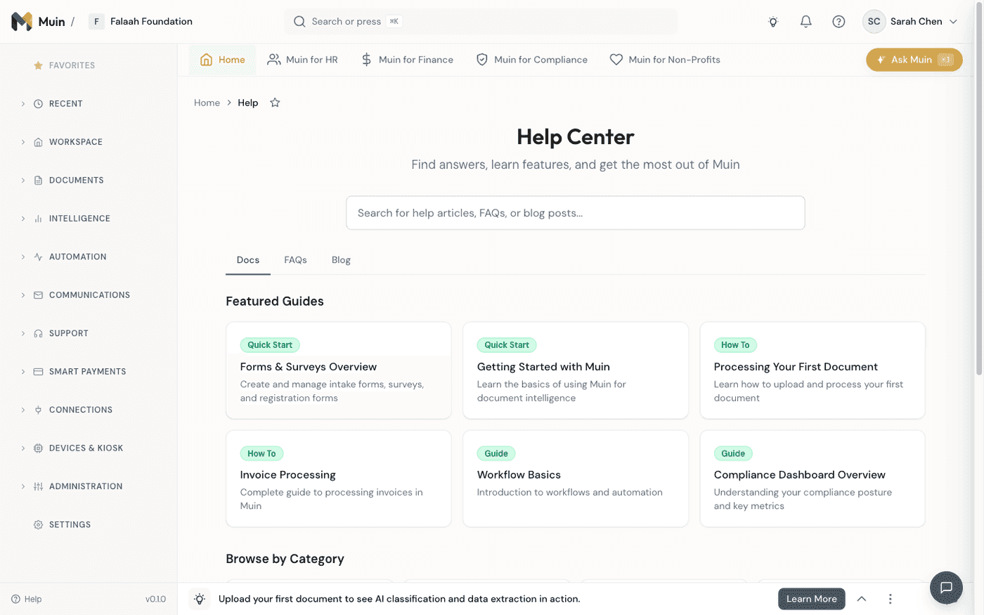 Help center with featured guides, article categories, and search