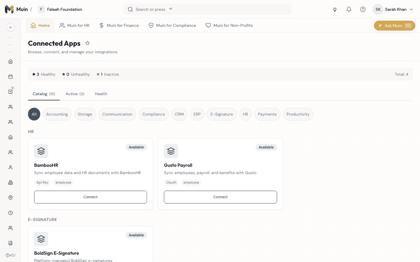 Integration hub — connected apps, data sync status, and API configuration