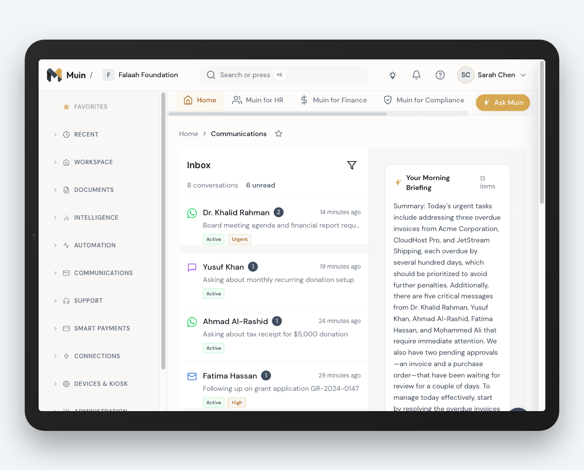 Unified communications inbox on iPad — WhatsApp, email, and SMS conversations with AI morning briefing