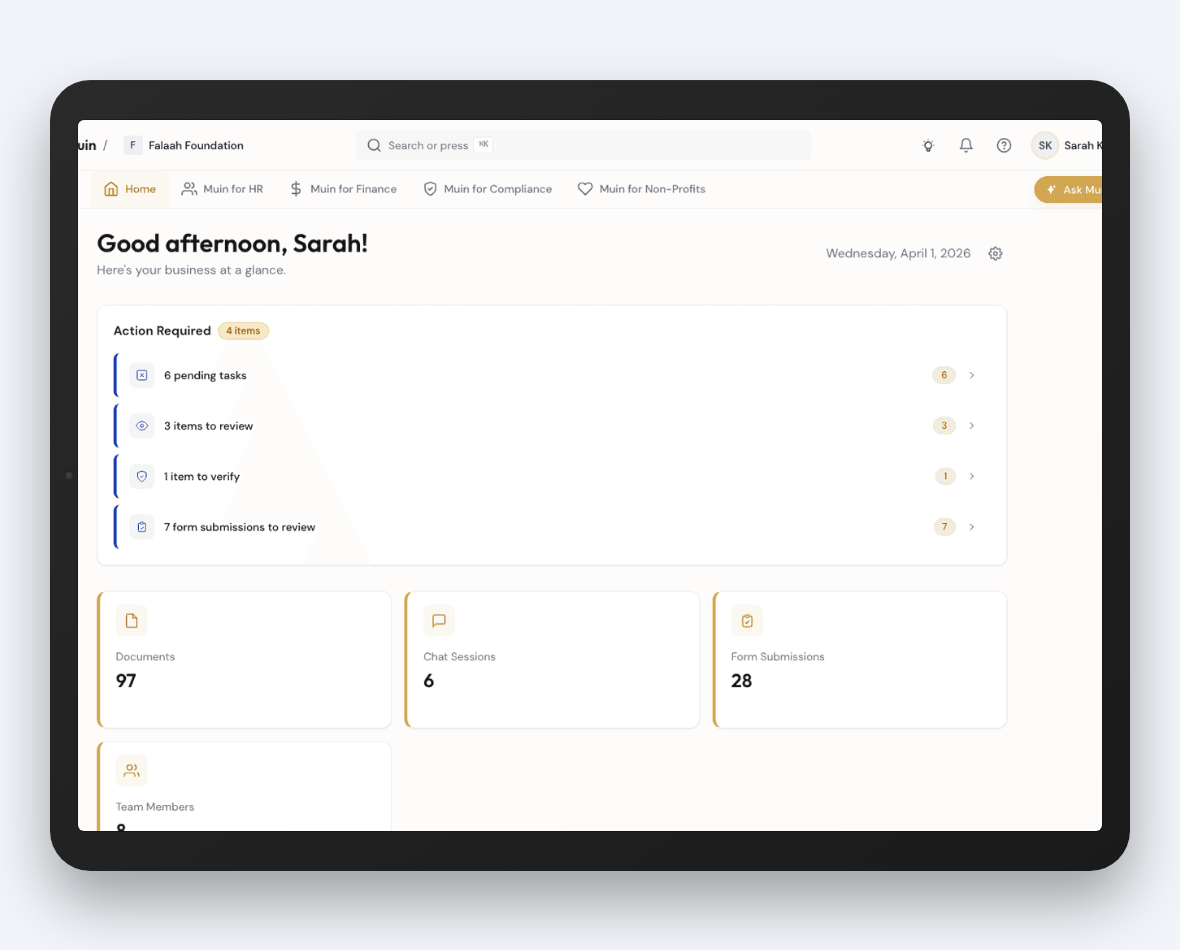 Muin dashboard on iPad — workspace overview with action items and key metrics