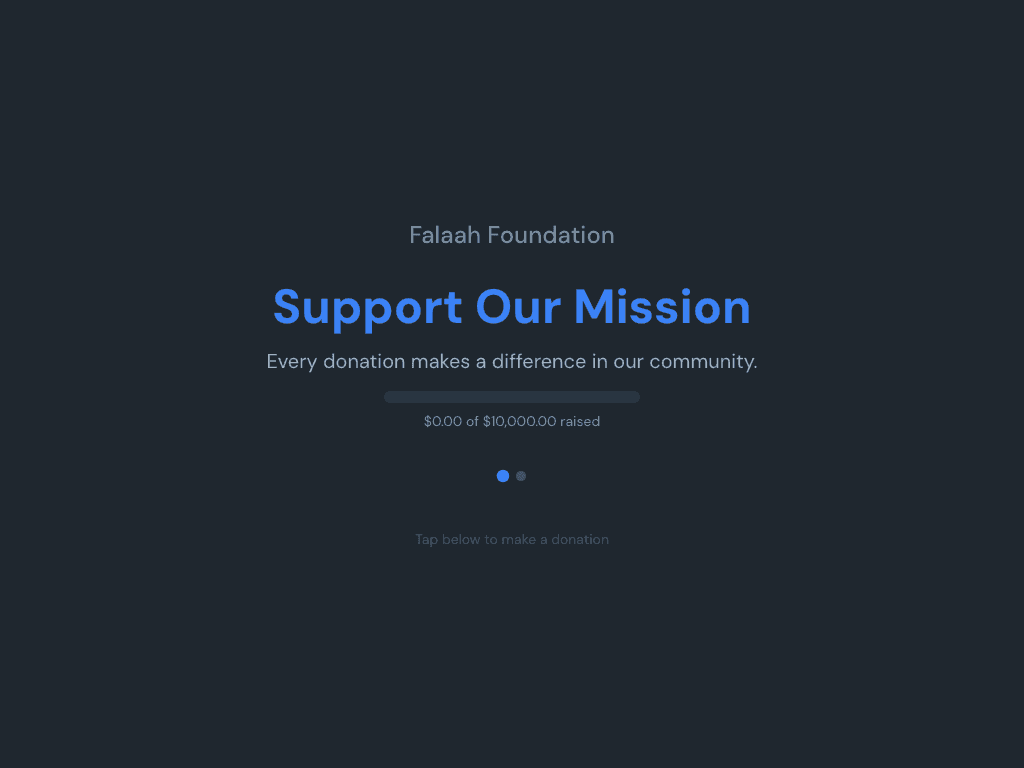 Muin kiosk donation dashboard showing giving totals, fund breakdown, and real-time donor activity
