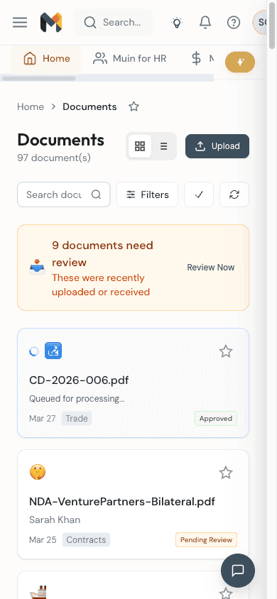Muin Go mobile documents — manage documents, review alerts, and approval statuses on your phone