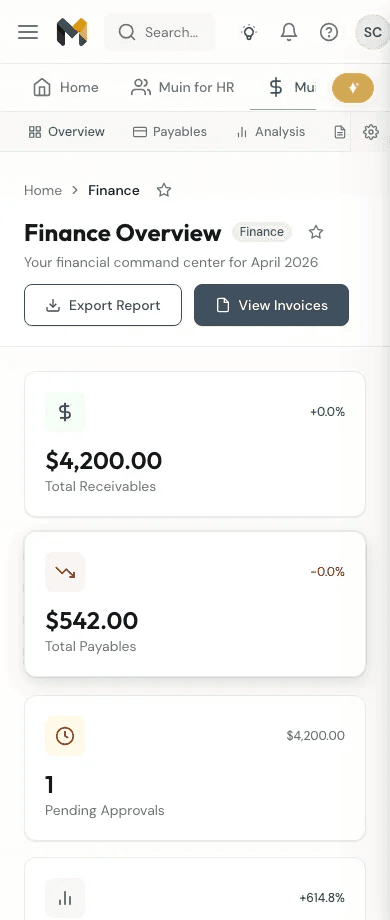 Muin Go mobile finance — financial overview with receivables, payables, and pending approvals