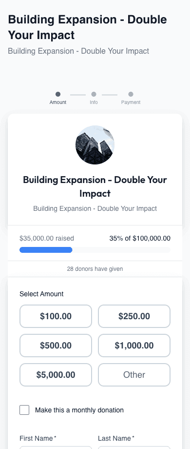 Mobile campaign giving page — fundraiser progress, donor count, and preset giving amounts