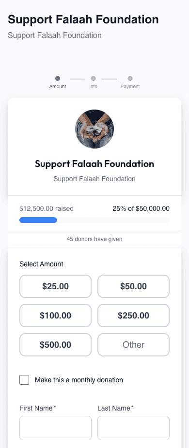 Mobile donation form — select amount, donor info, and payment