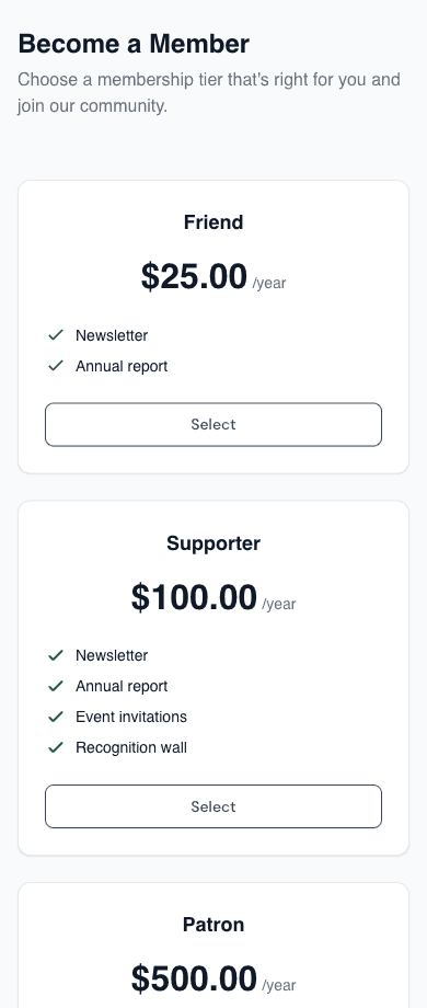 Mobile membership portal — tiered plans with pricing, benefits, and one-tap enrollment