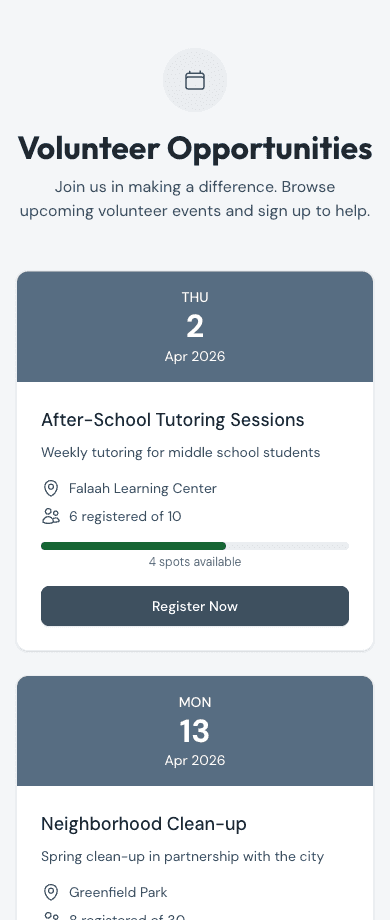 Mobile volunteer portal — upcoming events with registration, location, and available spots