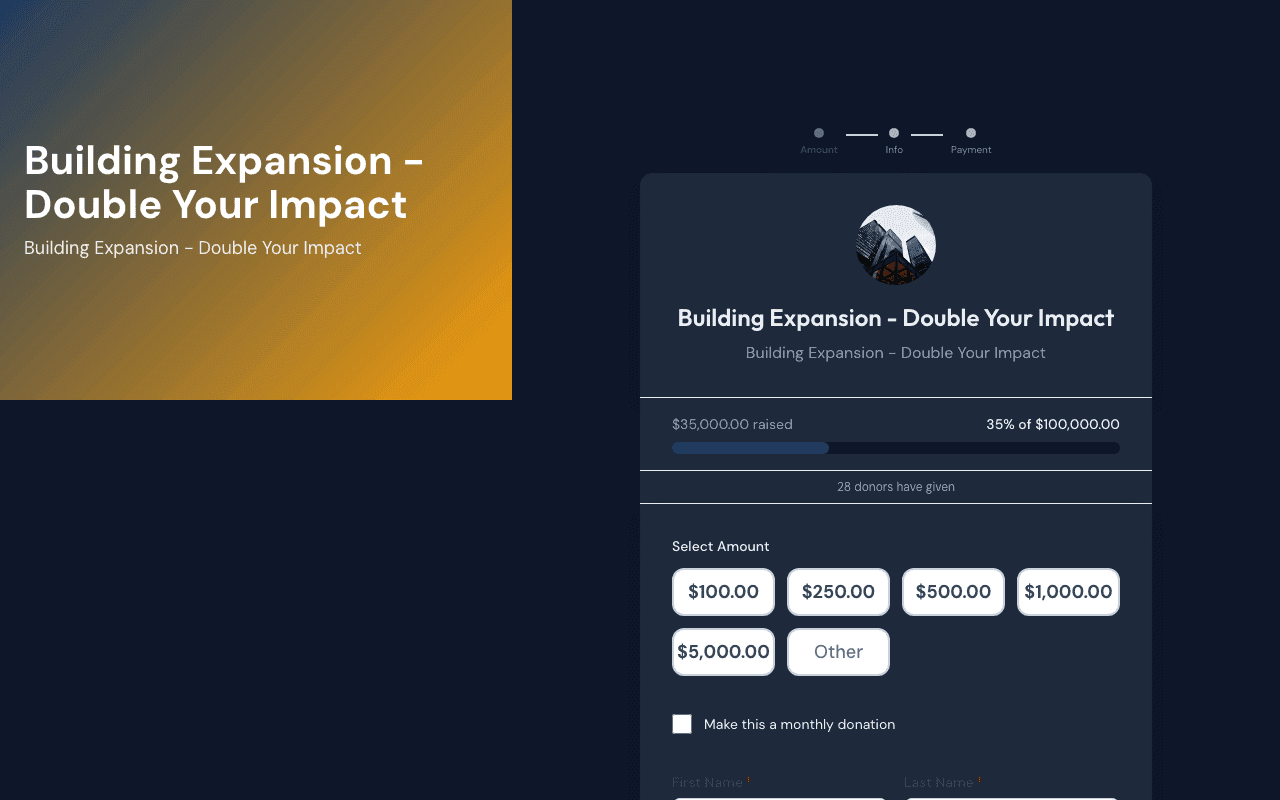 Split layout — hero left, giving form right