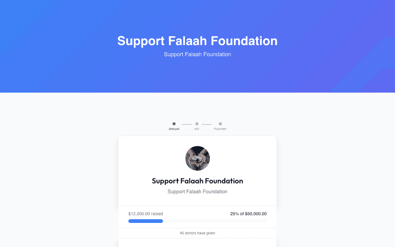 Centered giving page with gradient hero, dot pattern background, and stats block