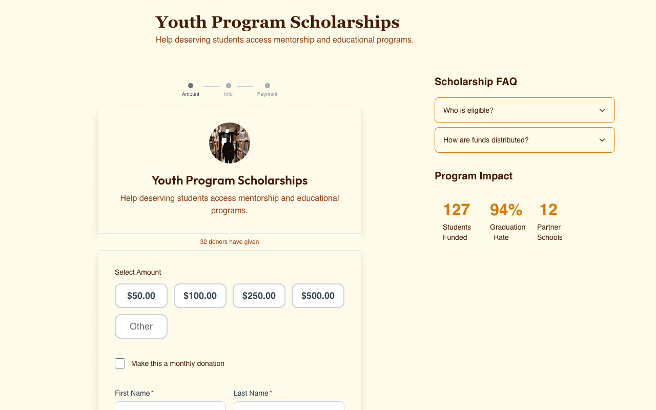 Magazine layout — form with content sidebar showing FAQ and stats