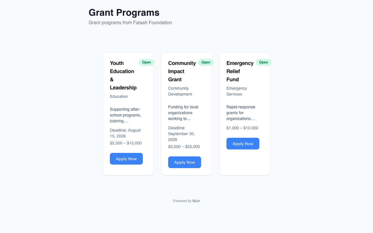 Grant application portal with multi-step form, file uploads, and submission confirmation