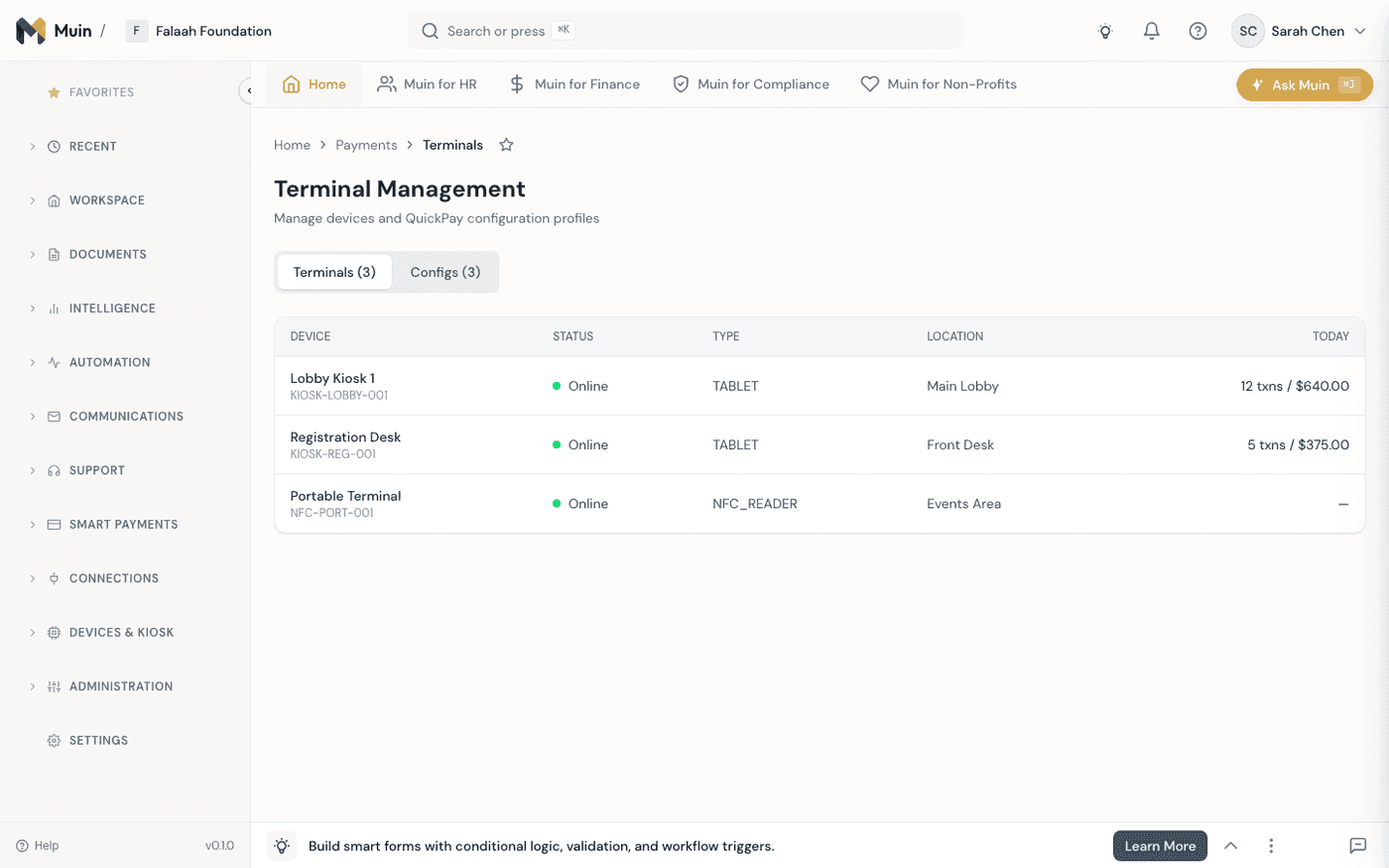 Terminal management — device registration, configuration profiles, and connection status